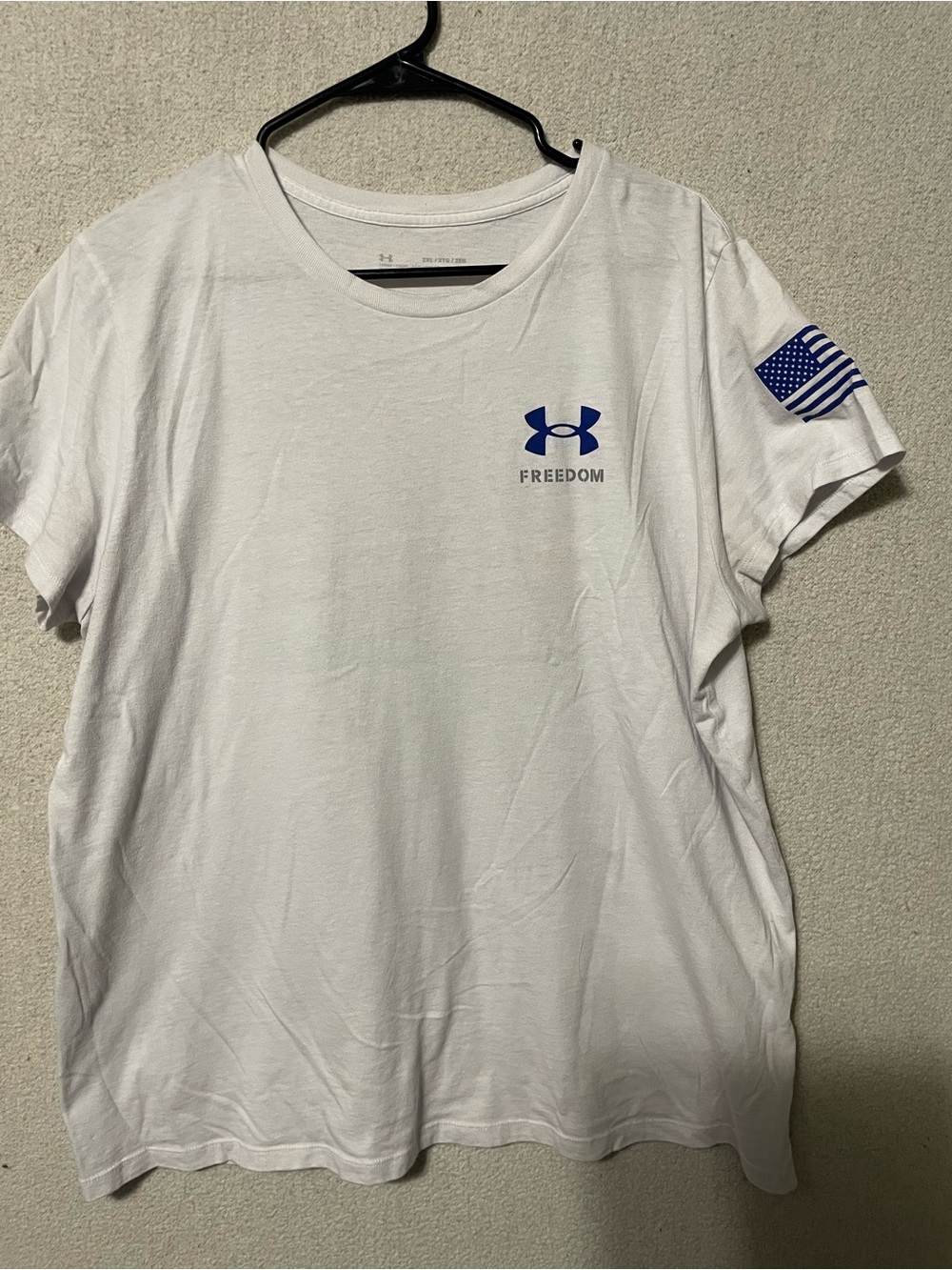 Under Armour White Tee with Blue Logo and 'FREEDOM' Text